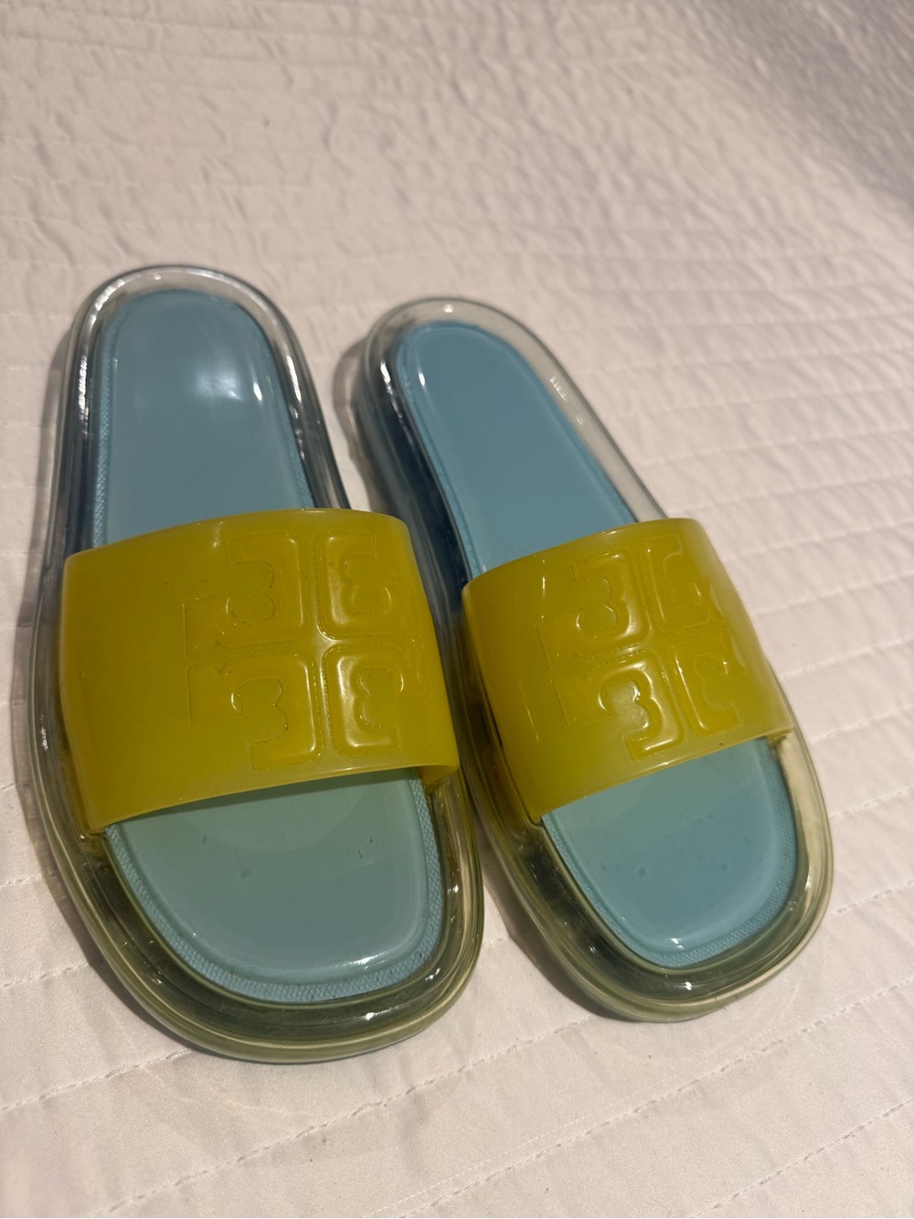 Tory Burch Blue and Yellow Jelly Slide Sandals